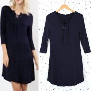 Lace Up 3/4 Sleeve T-shirt Dress Navy